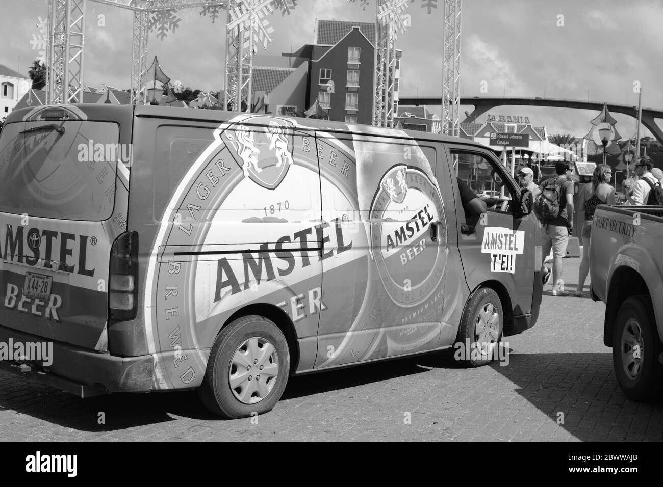 Amstel Beer van Curacao van drink sign signs artwork art black and white local drinking posh smart bottle bottles alcohol locals fiesta style outside Stock Photo