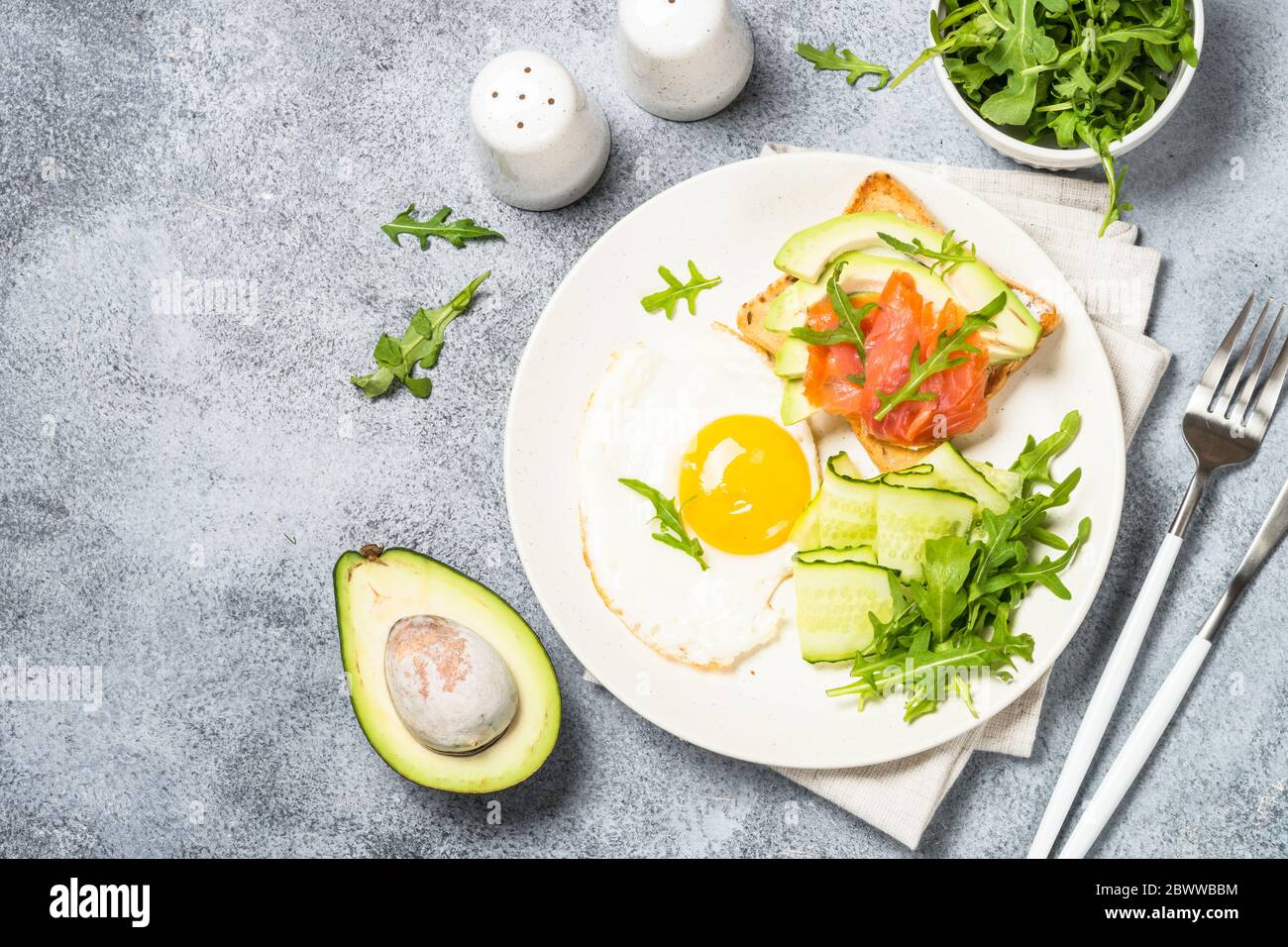 Healthy breakfast with egg, toast and salad Stock Photo - Alamy