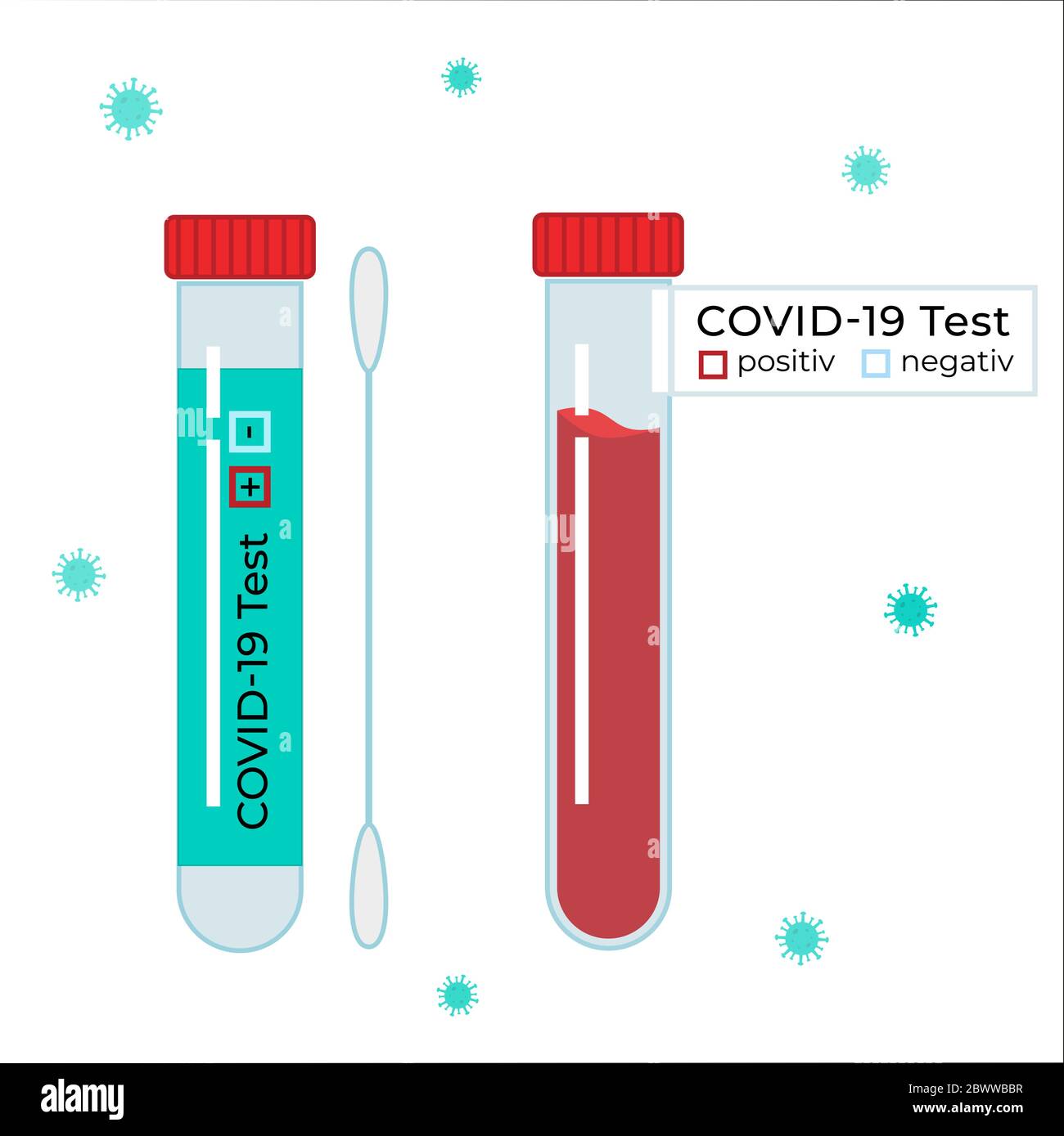 Types of coronavirus tests Vector illustration. Test tube with blood and cotton swab for saliva kit. Stock Vector