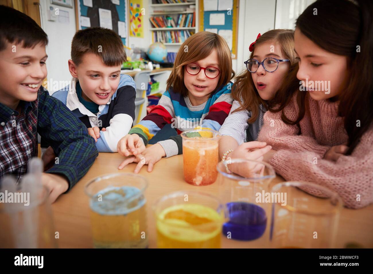 Group of children in a science chemistry lesson Stock Photo