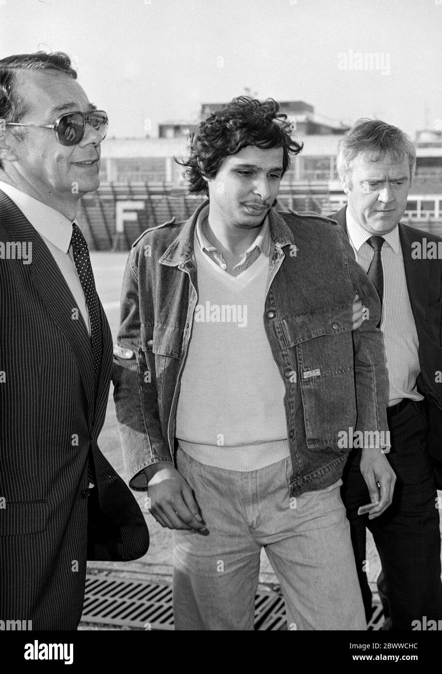 A libyan national is deported from the U.K. by home office officials from the aliens registration office following the murder of woman police officer Yvonne Fletcher in the street by machine gun fire outside the Libyan Embassy in London, and the terrorist bomb attack at Heathrow Airport  in April 1984. Stock Photo