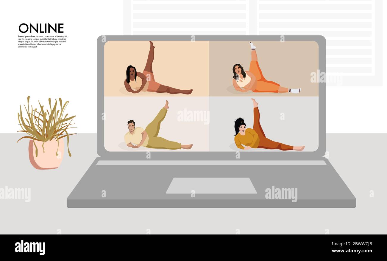 Overweight models making yoga. Curves Online remote training, diverse  character stay at home doing fitness . Home gym virtual lockdown activity.  Z Stock Vector Image & Art - Alamy