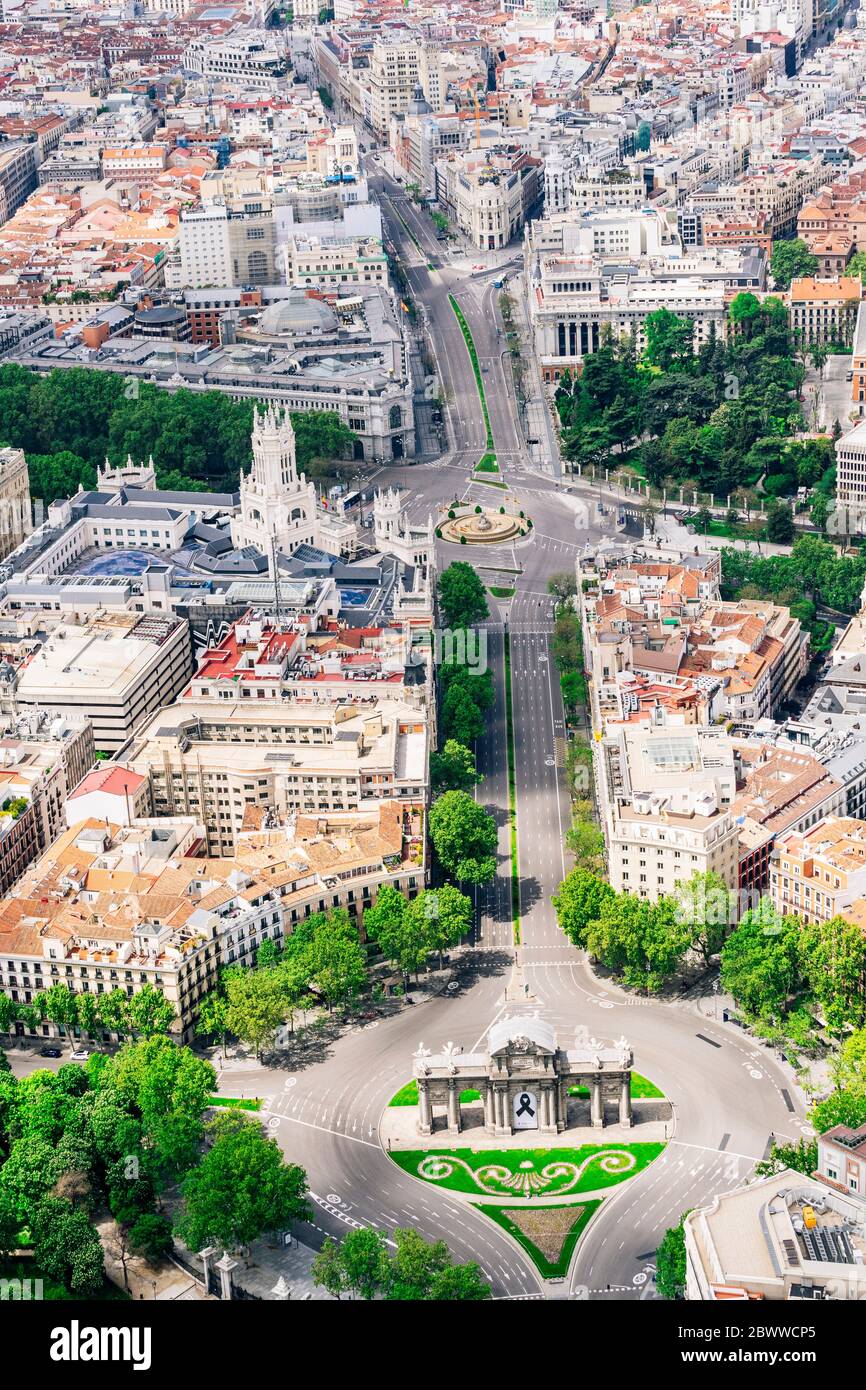 Spain, Madrid, Helicopter view of empty Plaza de la Independencia during COVID-19 outbreak Stock Photo