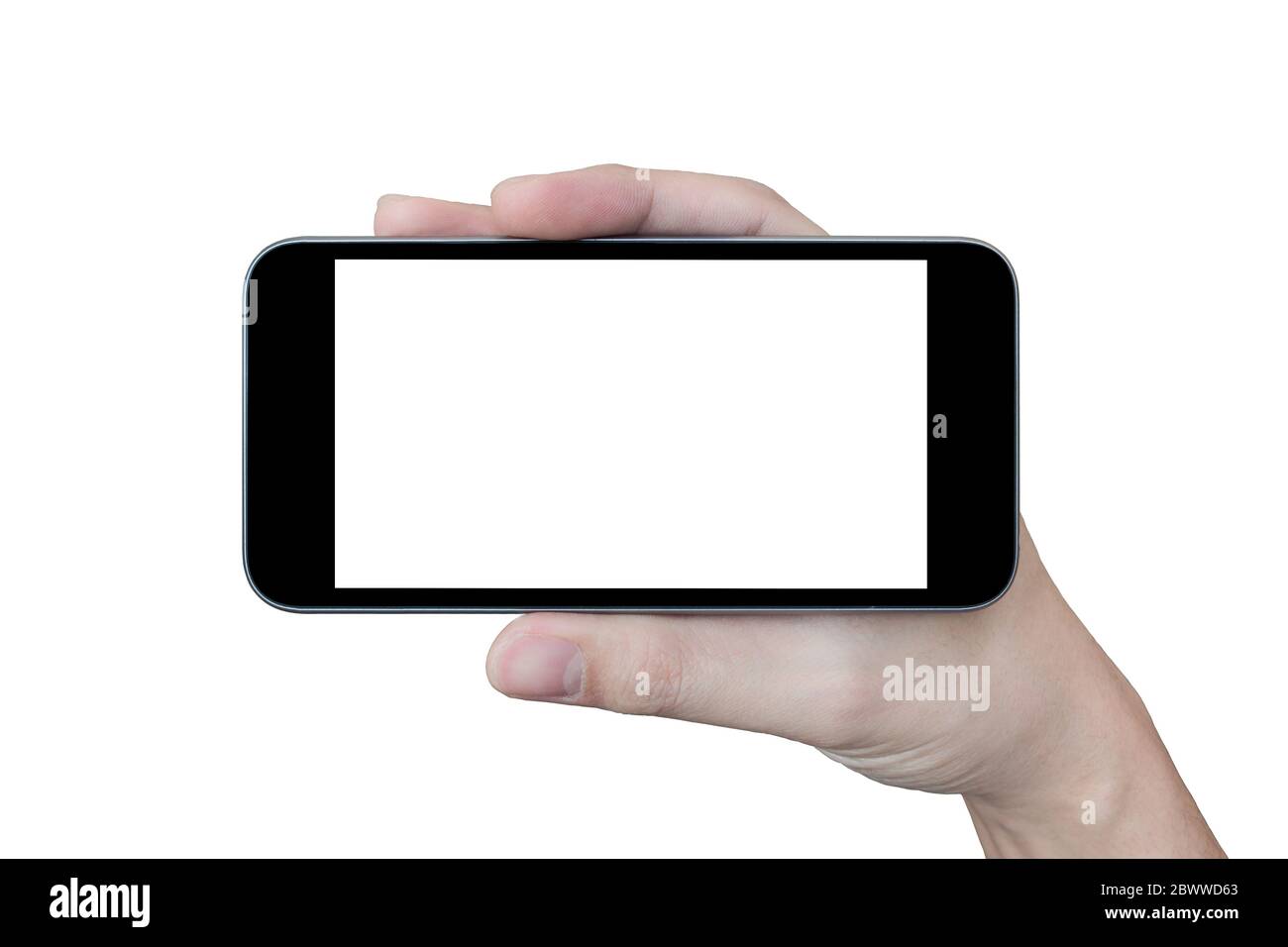 Hand holding black smartphone with blank screen isolated on white ...