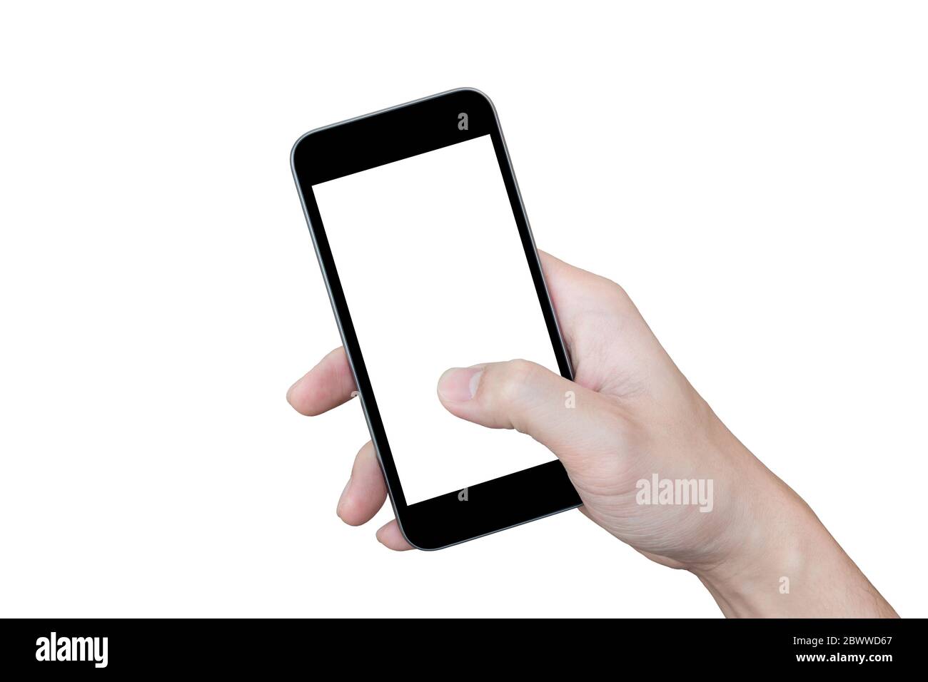 Hand holding black smartphone with blank screen isolated on white ...