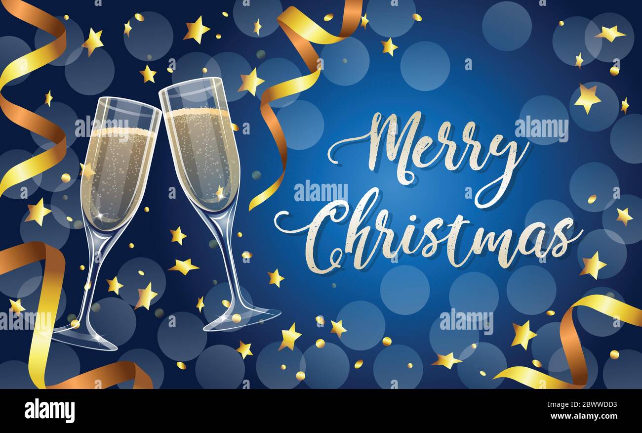 Merry Christmas greeting card template with two realistic champagne ...