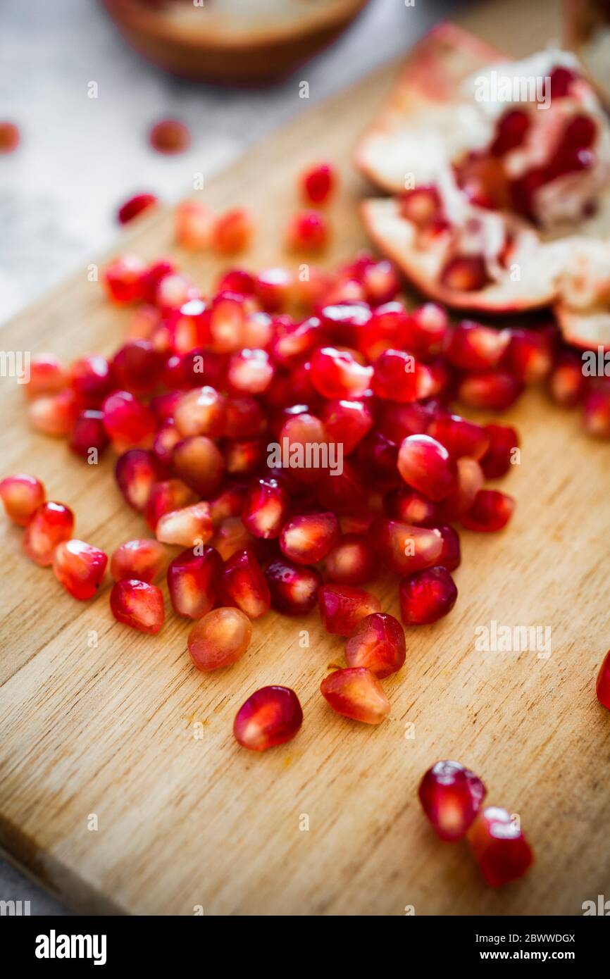 Close-up of pile of fresh pomegranate seeds Stock Photo