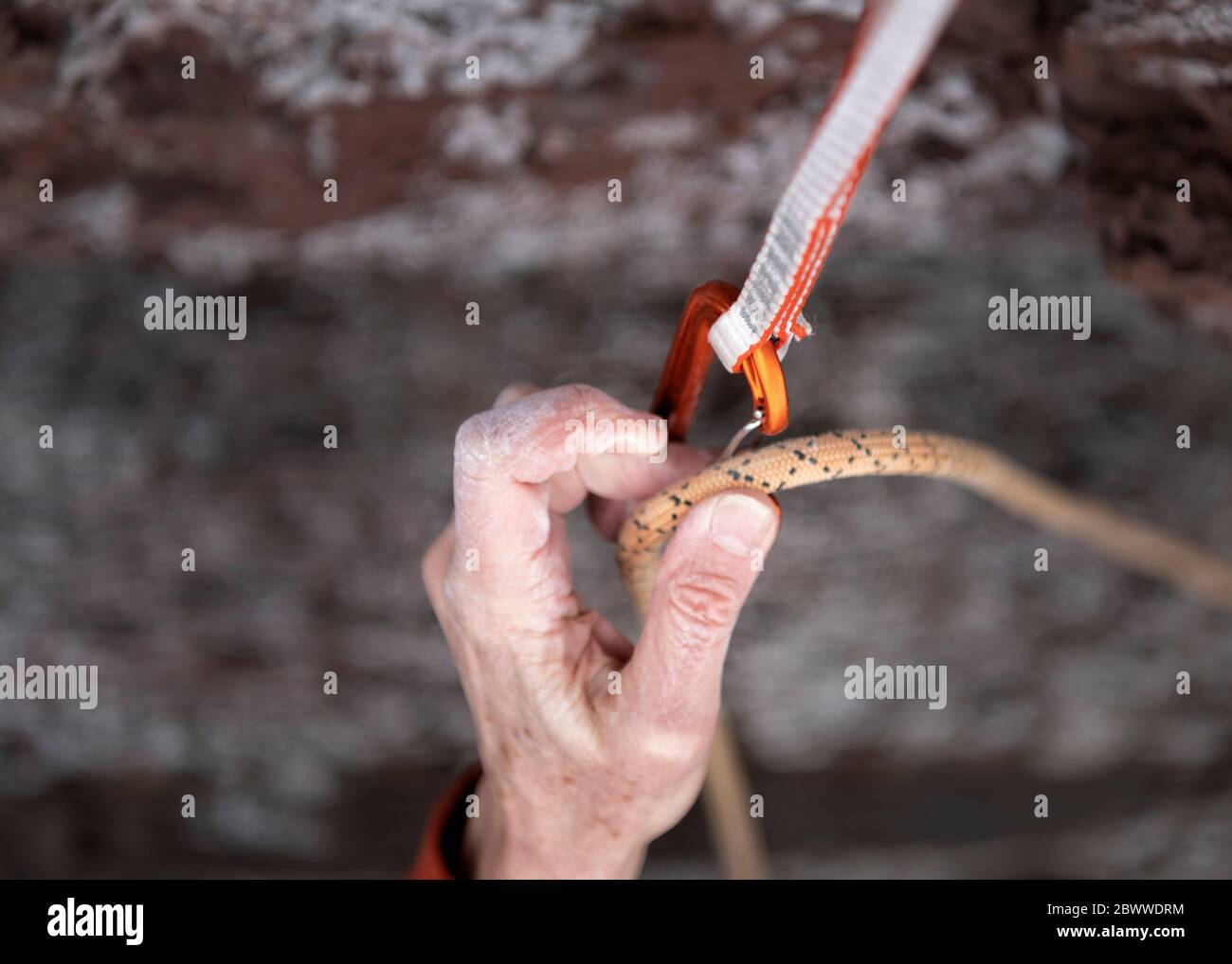 Clipping a climbing rope into a karabiner Stock Photo