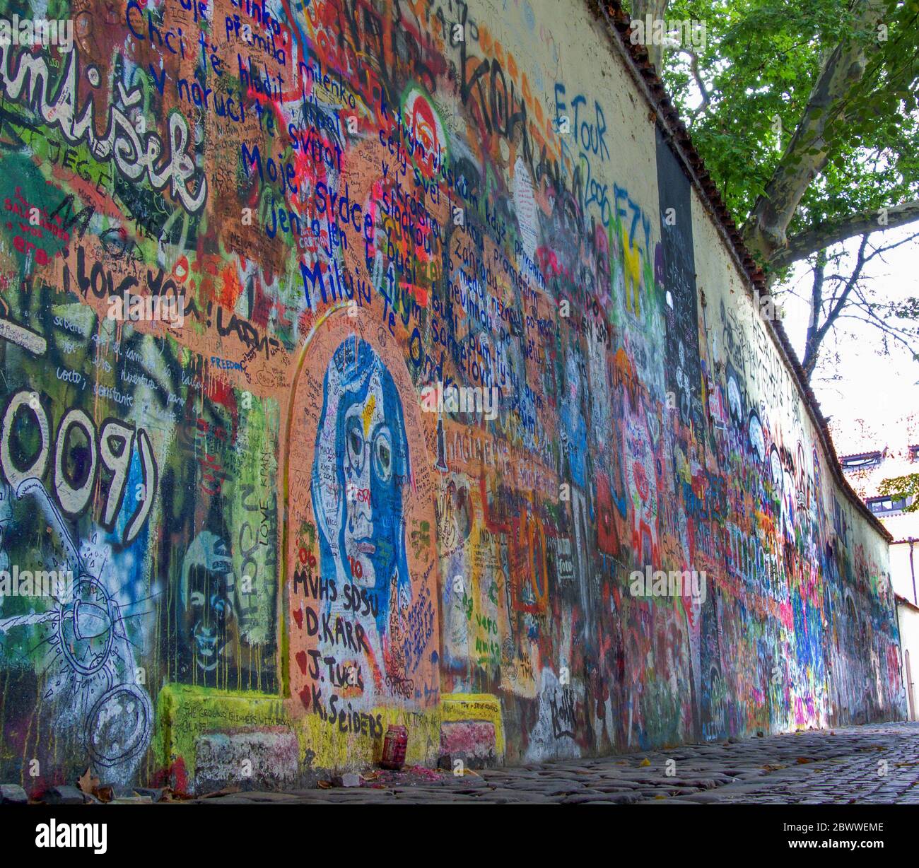 The Lennon Wall or John Lennon Wall in Prague Praha, Czech Republic. Graffiti inspired by John