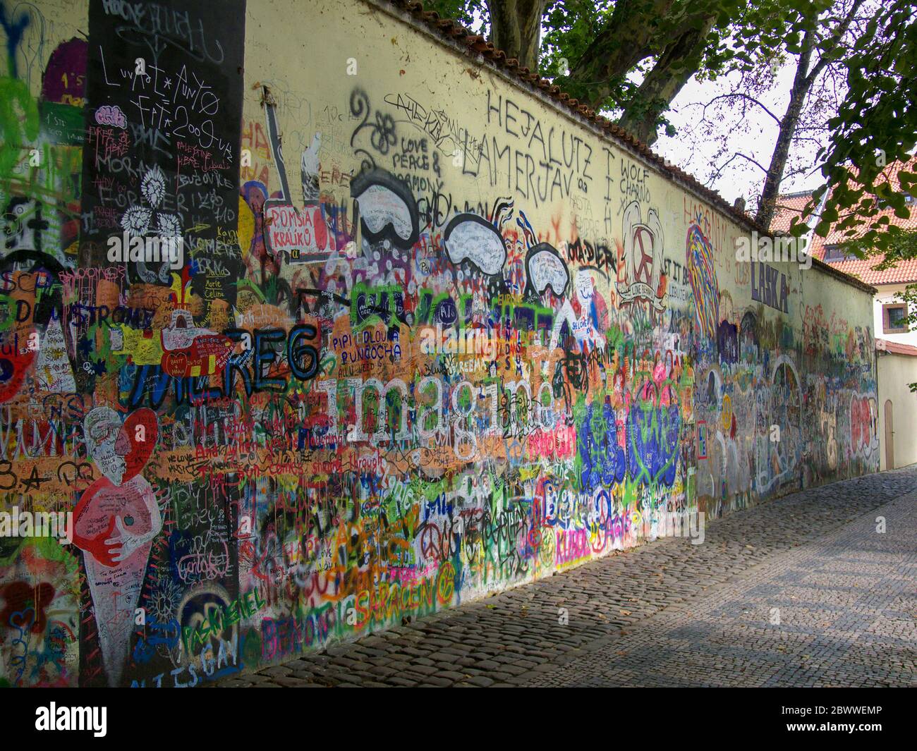 The Lennon Wall or John Lennon Wall in Prague Praha, Czech Republic. Graffiti inspired by John