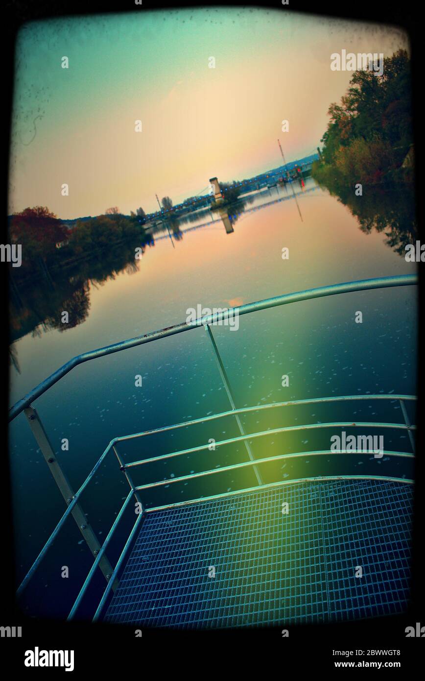 view of the saone at Fontaines-sur-Saone, retro photo effect. Region Rhone-Alpes, surroundings of Lyon Stock Photo