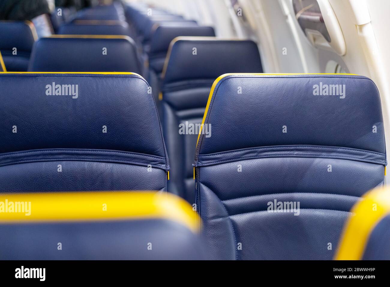 Empty airplane. Passengers free airplane, cancelled flight. Cancelled flight, no travel, stop or start airline transportation. Tourism, air travel Stock Photo