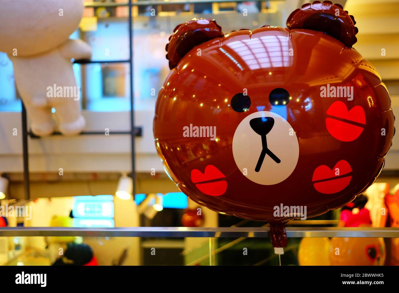 SEOUL, SOUTH KOREA - DECEMBER 24, 2018:  Brown Bear face Balloon, Brown is a famous LINE friends character. It's launched in 2011. Stock Photo