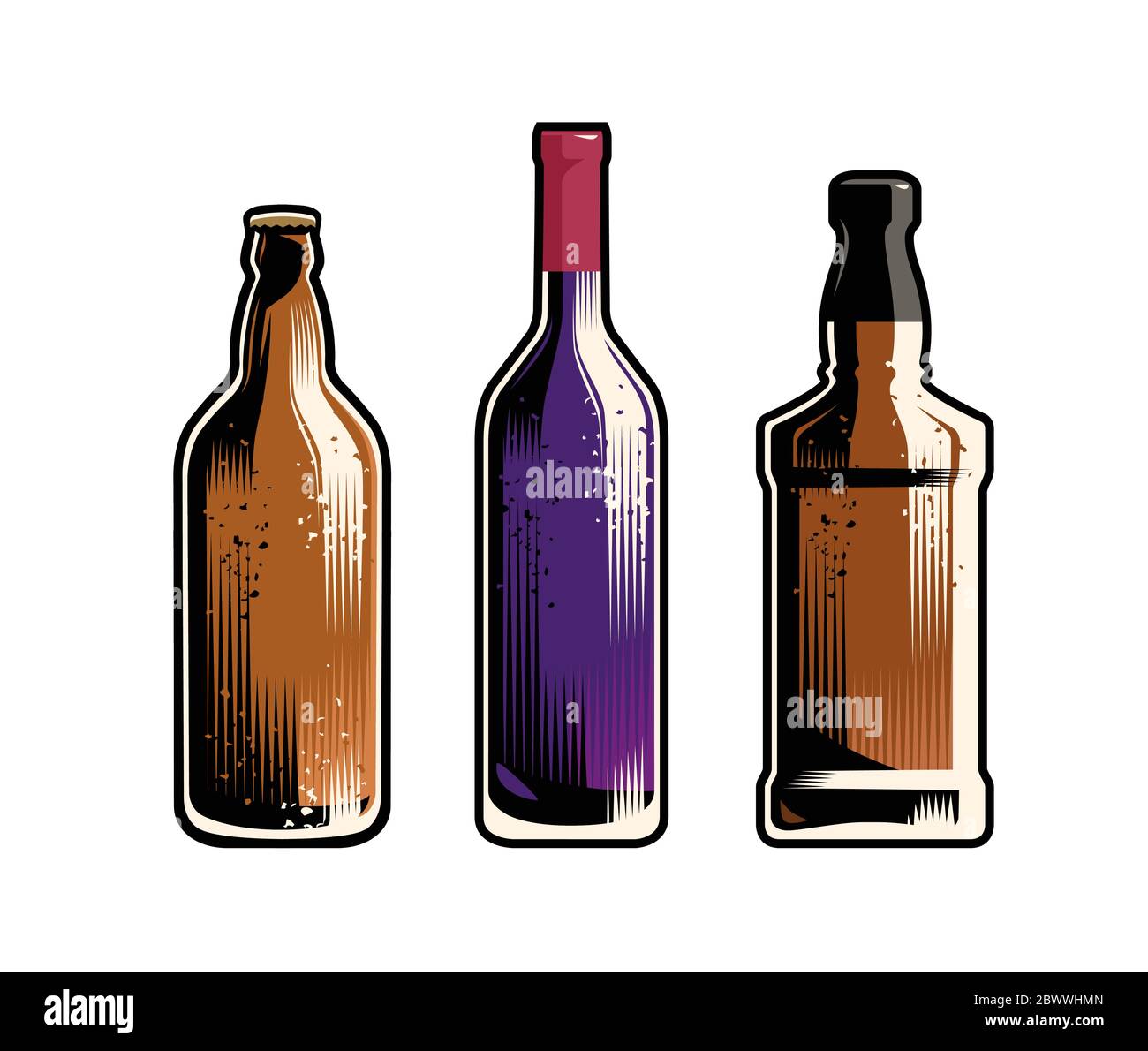 Set of different drinks and bottles. Retro vector illustration Stock Vector