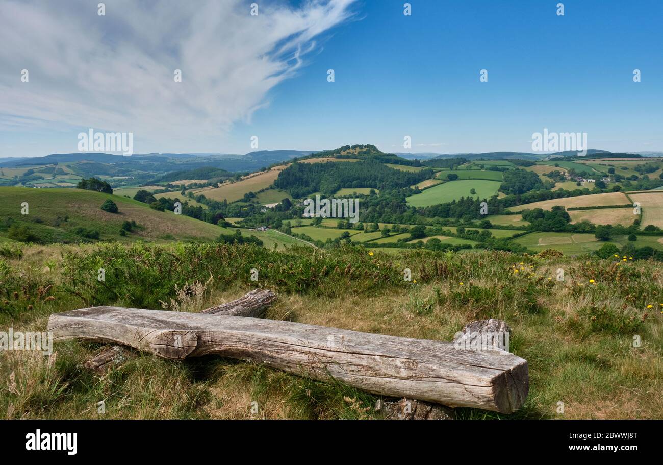 Hopesay Village and BUrrow Fort, seen from Hopesay Hill, near Craven Arms, Shropshire Stock Photo