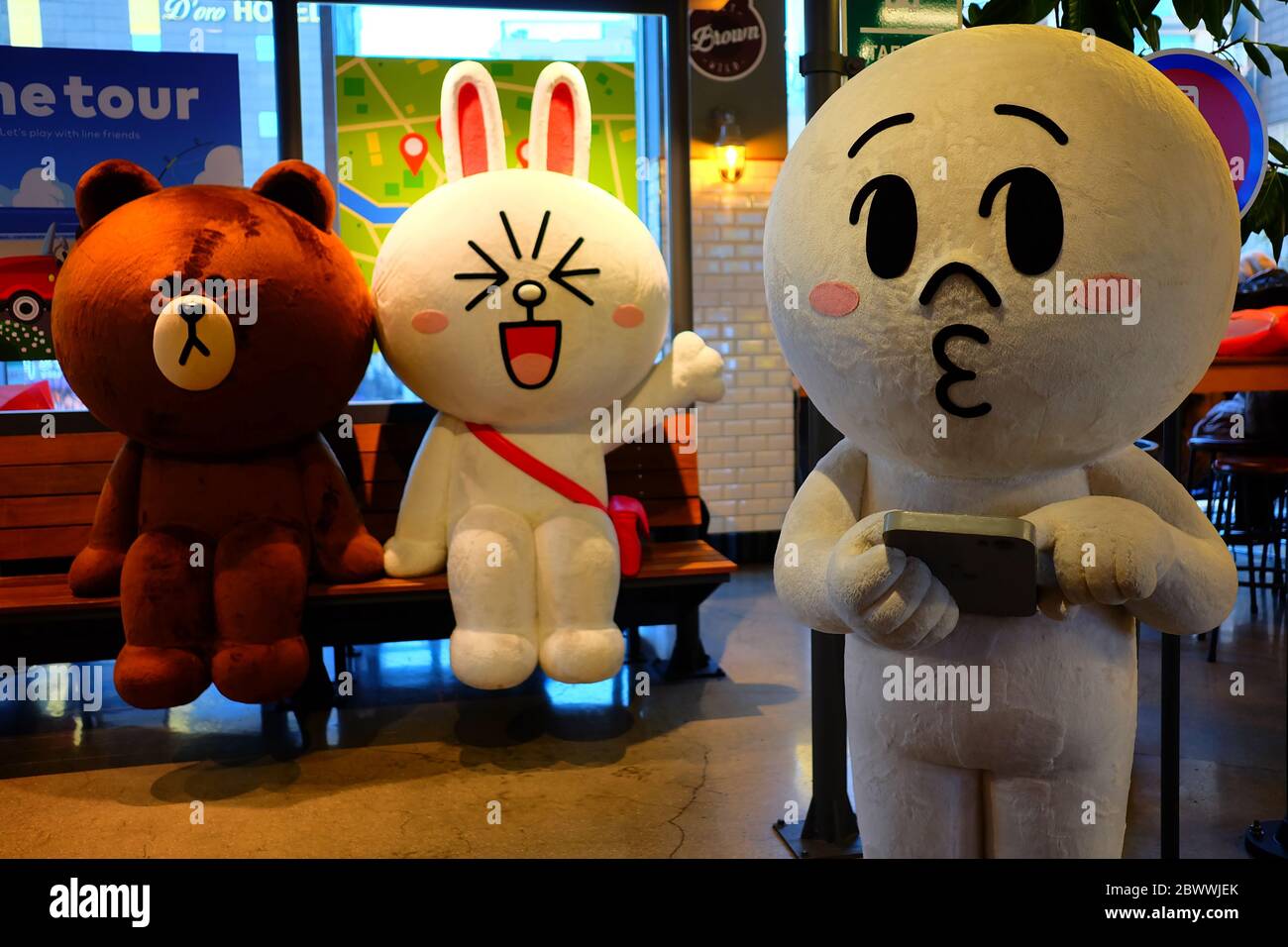 SEOUL, SOUTH KOREA - DECEMBER 30, 2018:  Brown, Cony, and Moon are famous LINE friends characters. It's launched in 2011. Stock Photo