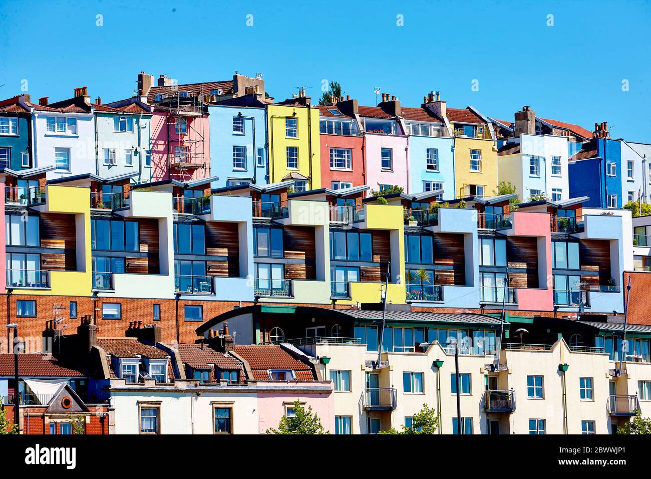 Colourful houses on Cliftonwood Crescent overlooking the River Avon