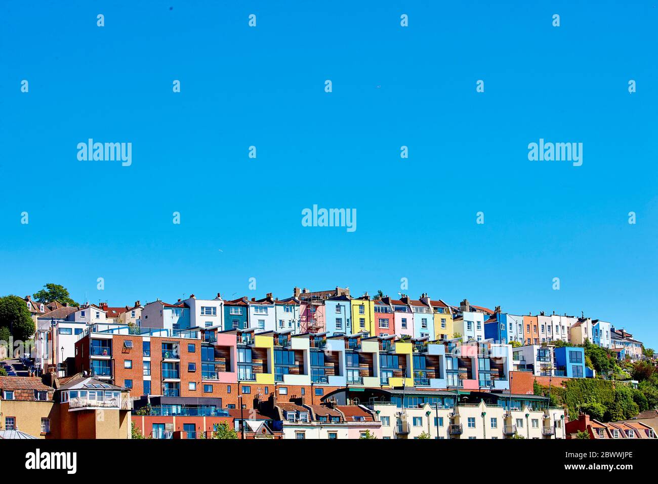 Colourful houses on Cliftonwood Crescent overlooking the River Avon
