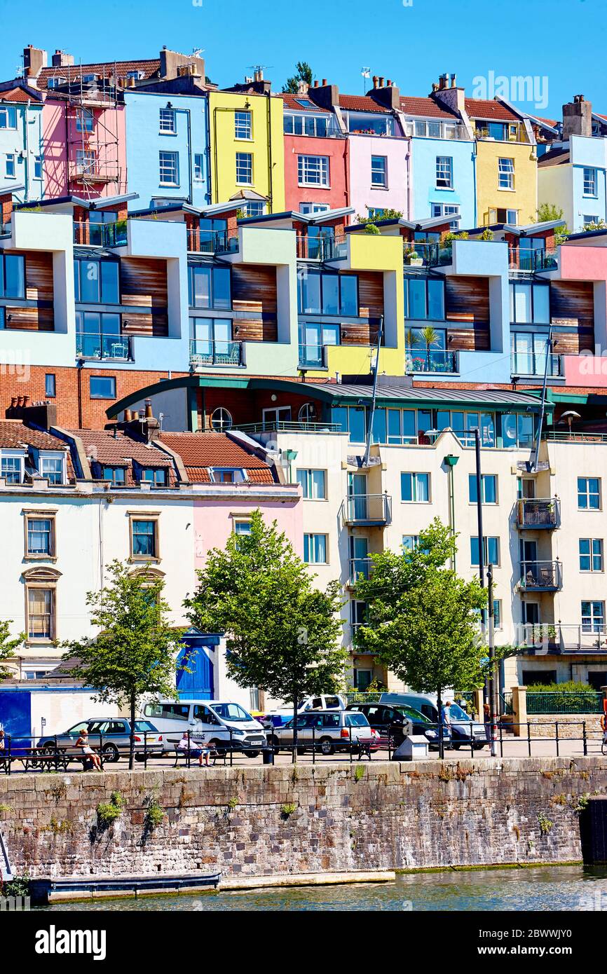 Colourful houses on Cliftonwood Crescent overlooking the River Avon