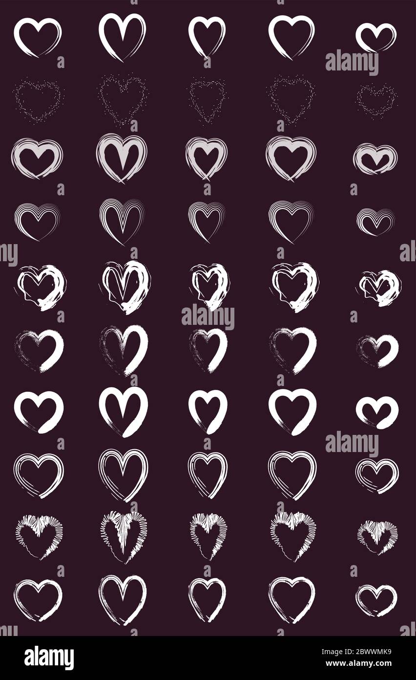 Set of 50 hand drawn vector white hearts on dark red background Stock ...