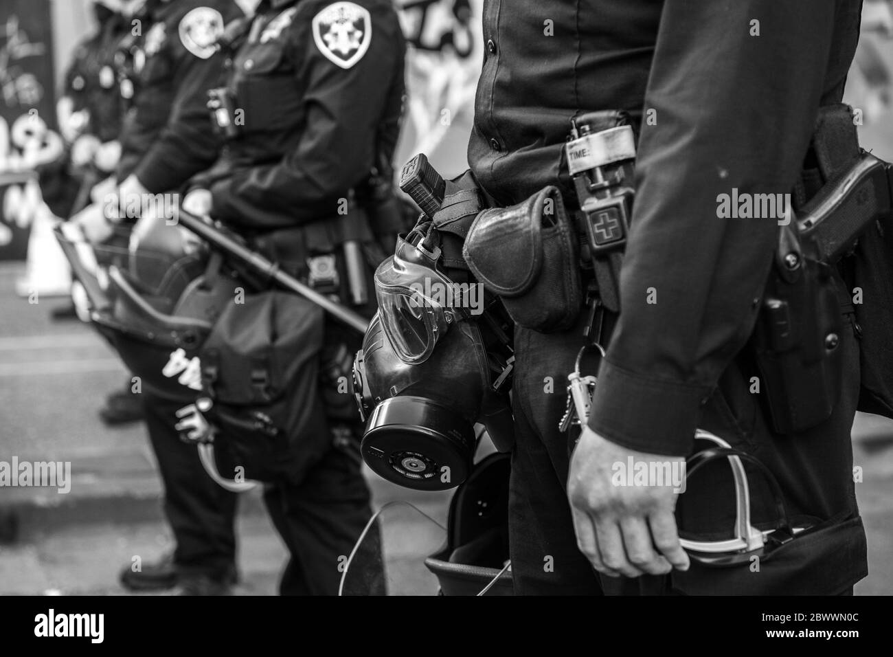 Oakland, Ca. 2nd June, 2020. A closeup of Oakland Police gear at the Oakland Police Department in Oakland, California on June 2, 2020 after the death of George Floyd. Credit: Chris Tuite/Image Space/Media Punch/Alamy Live News Stock Photo