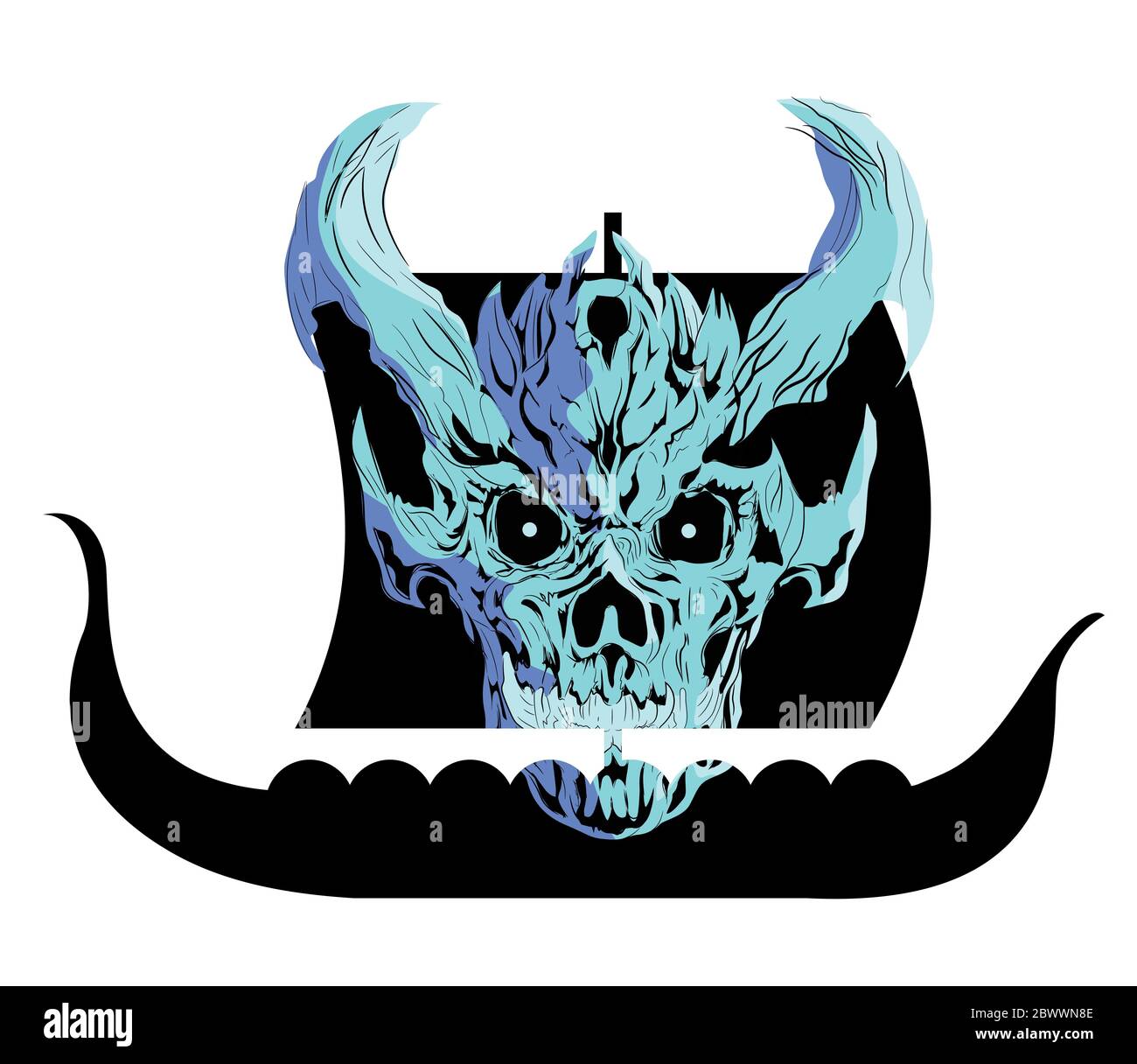 Vector image of a Viking ship silhouette with a white skull superimposed isolated on white Stock Vector