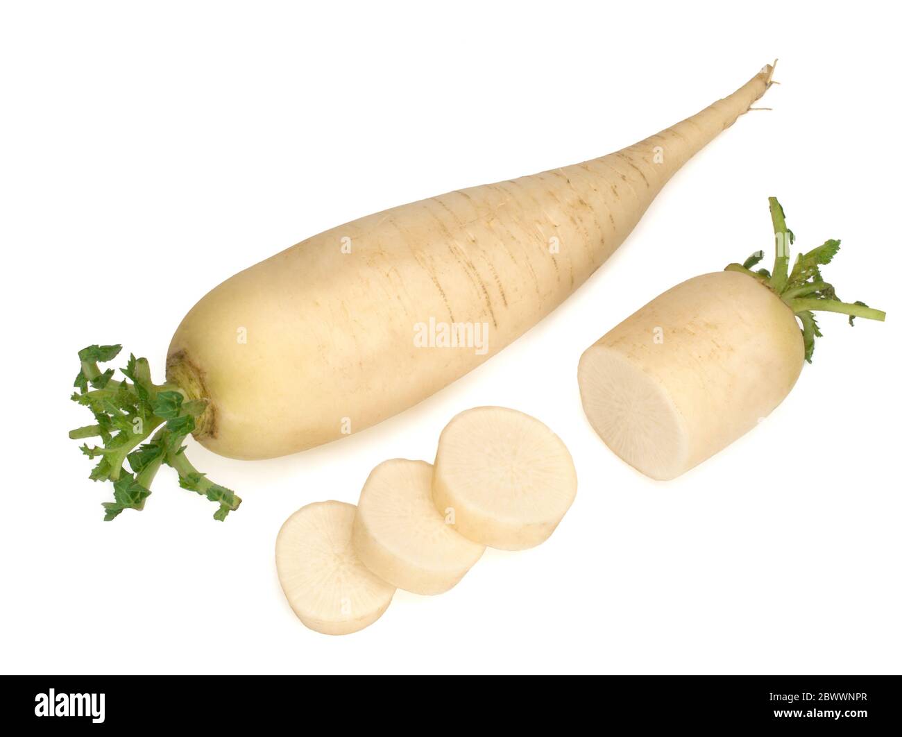 fresh daikon radish with slices isolated on white background Stock Photo