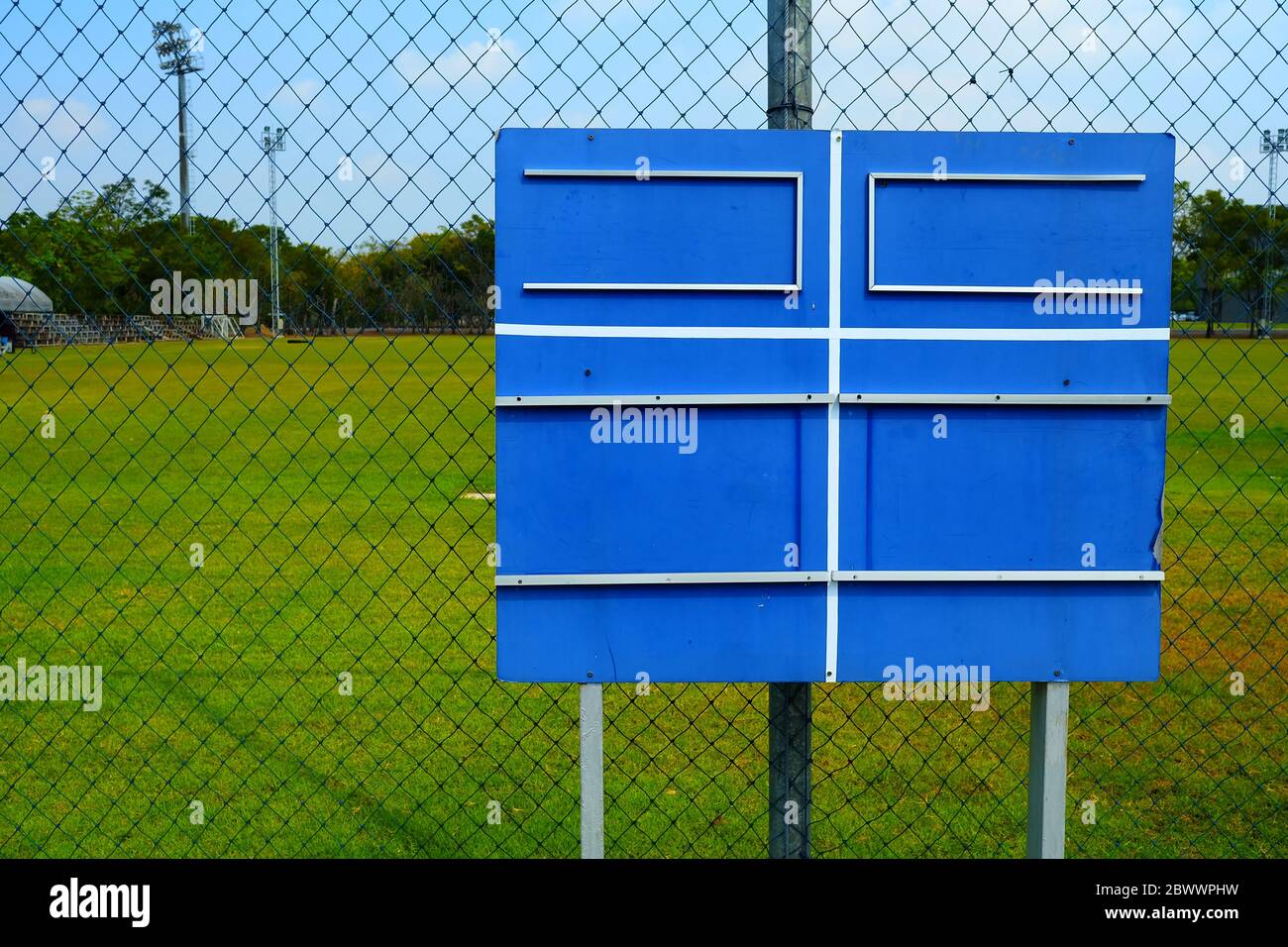 Blank Blue Wooden Soccer Scoreboard. Stock Photo
