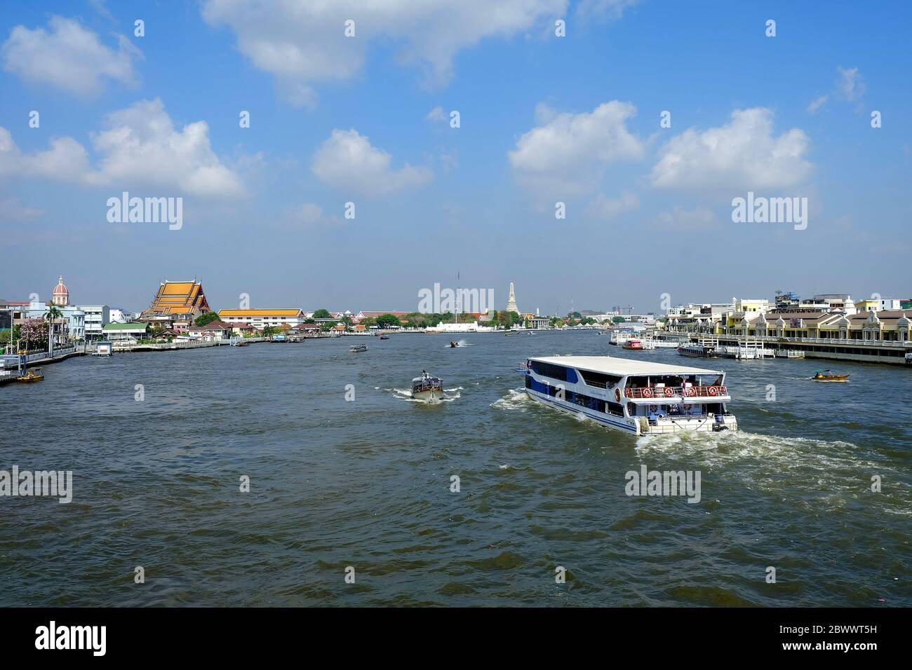 BANGKOK, THAILAND - MARCH 13, 2019: Scenery of Chaophraya River from Phra Phuttha Yodfa Bridge. Chaophraya River is the major river in Thailand. Stock Photo