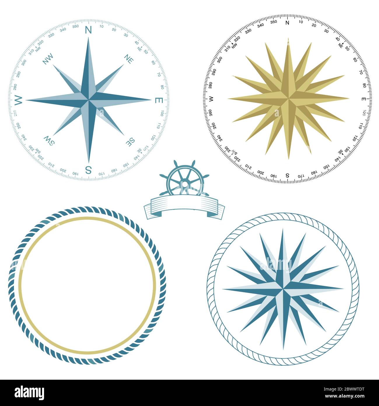 Set of nautical symbols, compass rose - vector illustration Stock Vector