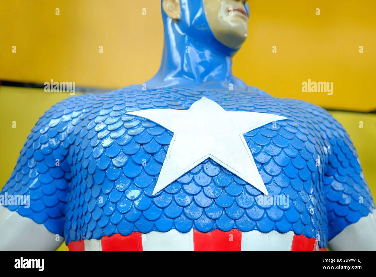 BANGKOK, THAILAND - APRIL 25, 2019: Close up white star sign on Captain America chest model, Captain America is a famous character in Avenger animatio Stock Photo
