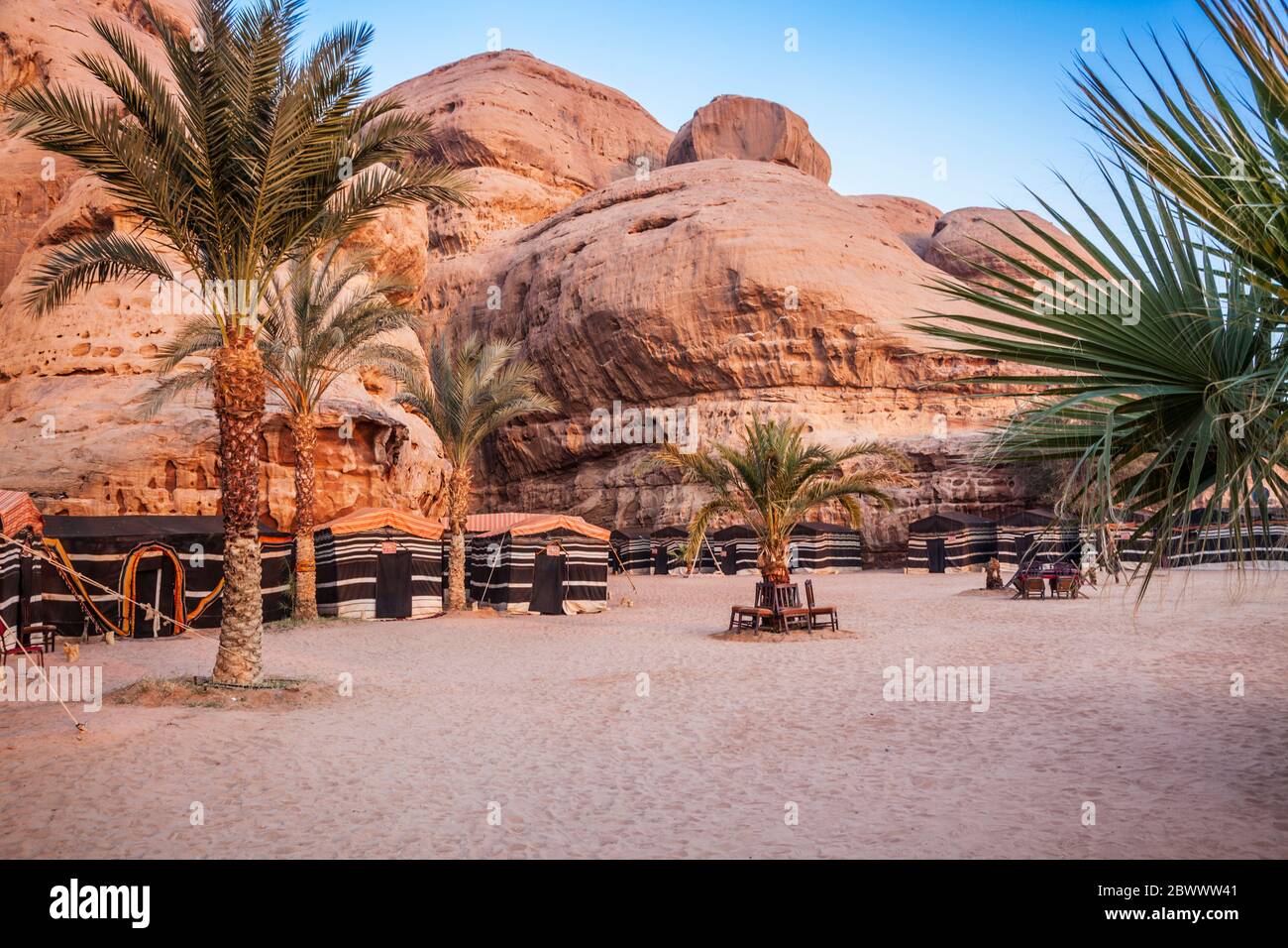 A tourist bedouin camp in the Jordanian desert at Wadi Rum near Petra. Stock Photo