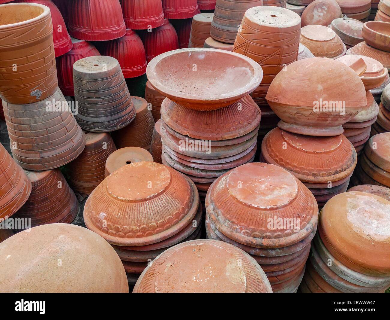 A variety of Earthen pots or clay pots for sale in the market Stock