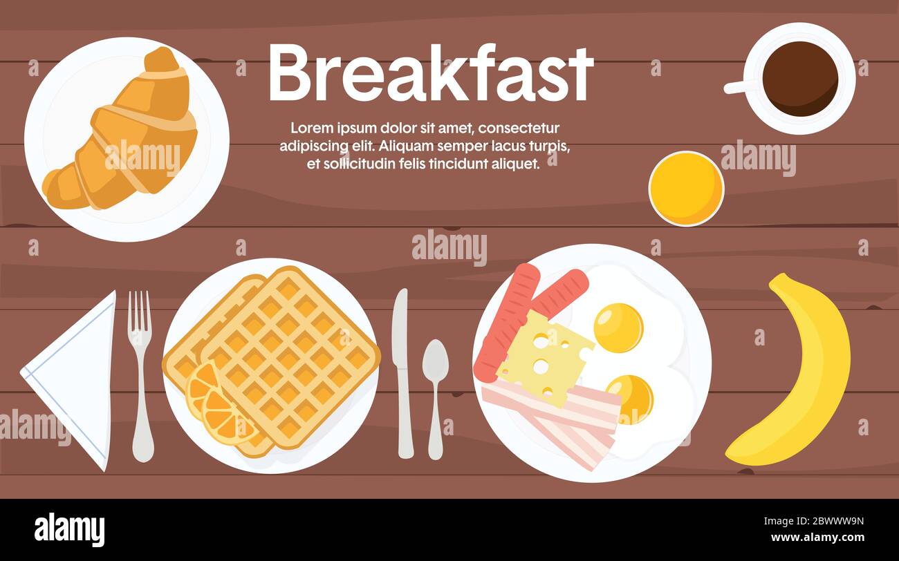 Vector Illustration of a Breakfast Table, with different breakfast items Stock Vector
