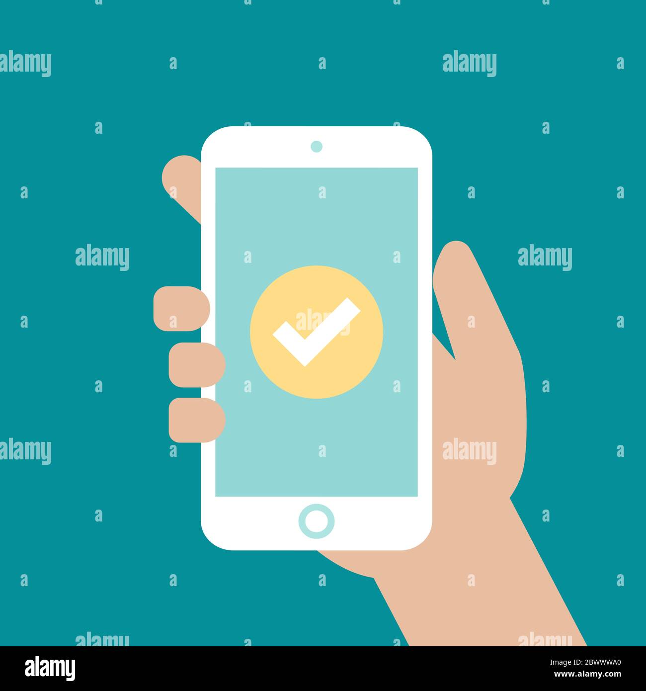 Hand holding smartphone check mark, or tick. schedule app, organiser, on-line payment. Vector illustration on blue background Stock Vector