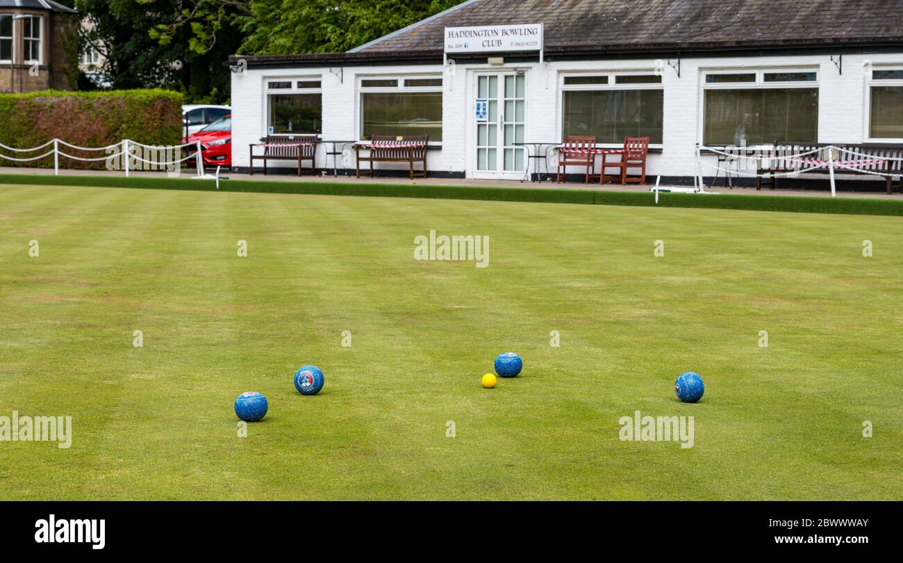 Haddington, East Lothian, Scotland, UK, 03 June 2020. Scotland's oldest bowling club reopening: Scotland’s oldest bowling club reopens after lockdown restrictions are eased. The club celebrated its 300th anniversary in 2009, and has about 75 full members Stock Photo