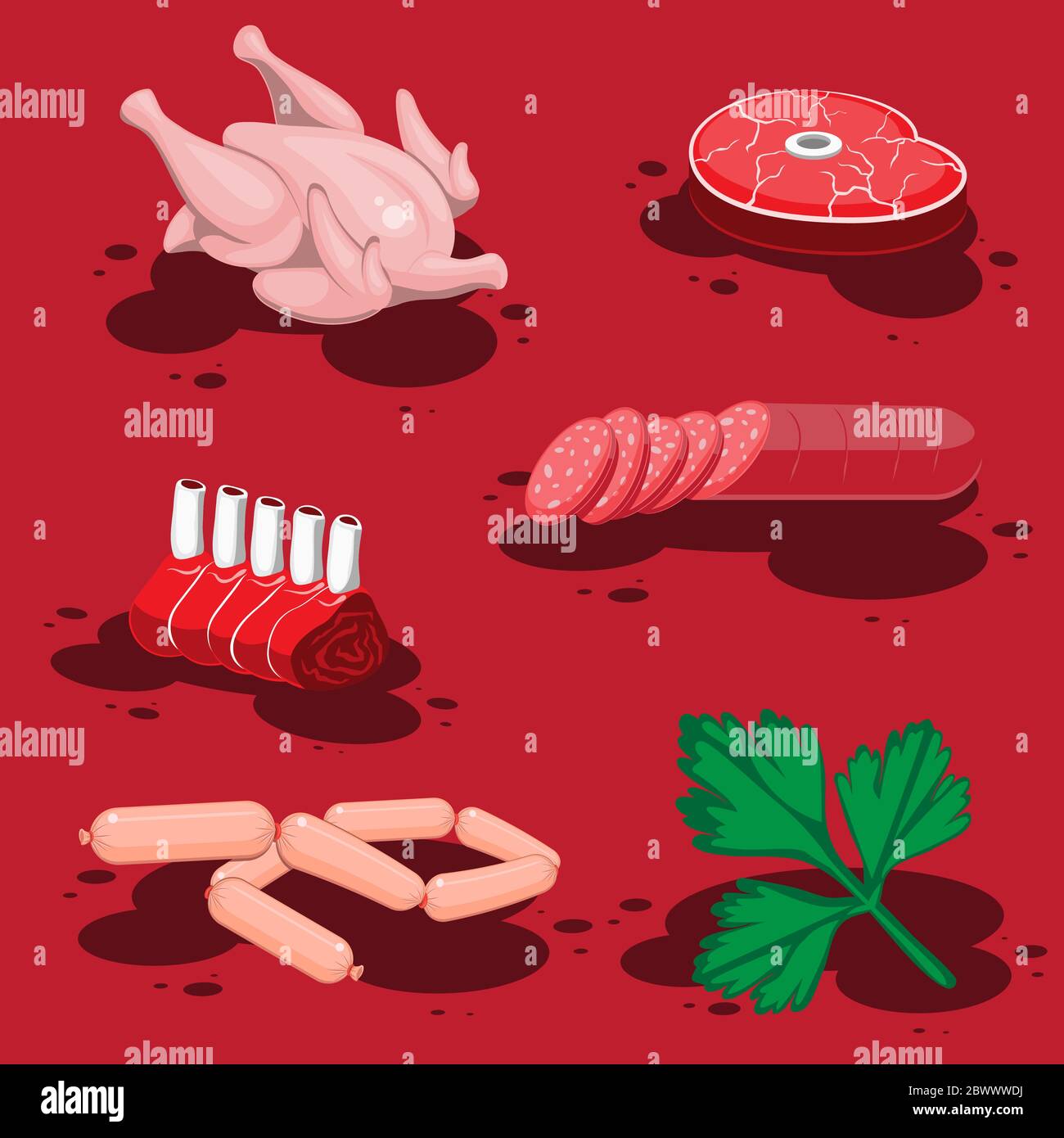 set of cartoon food meat sausage chicken ribs sausage, tenderloin and leaf of parsley isolated on a red background. Vector image Stock Vector