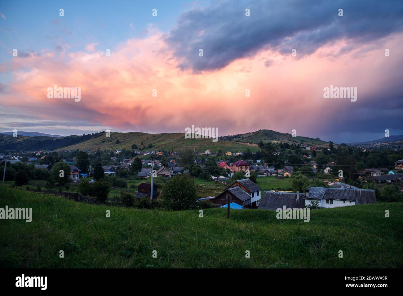 Sunset in the Carpathians. The Carpathians are a beautiful country of mountains. Carpathians are located in Ukraine. In the Carpathians, beautiful nat Stock Photo