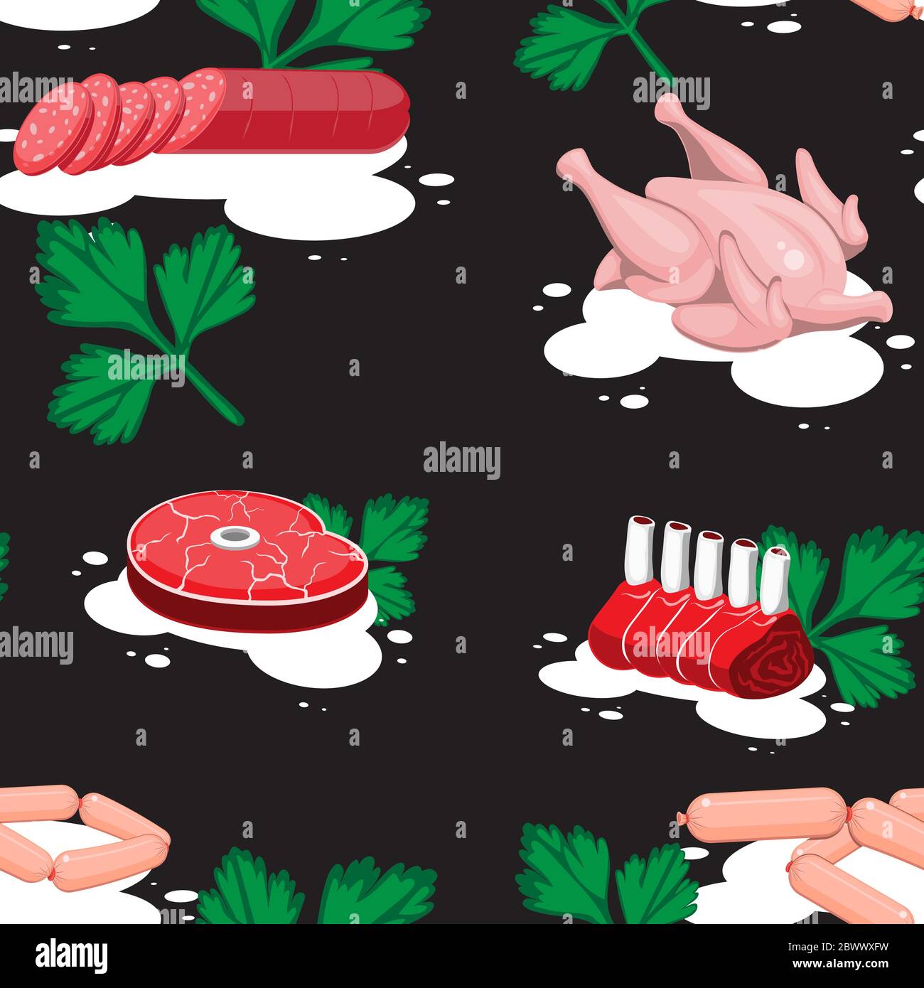seamless pattern of meat chicken sausage sausage steak ribs on a black background. Vector image Stock Vector