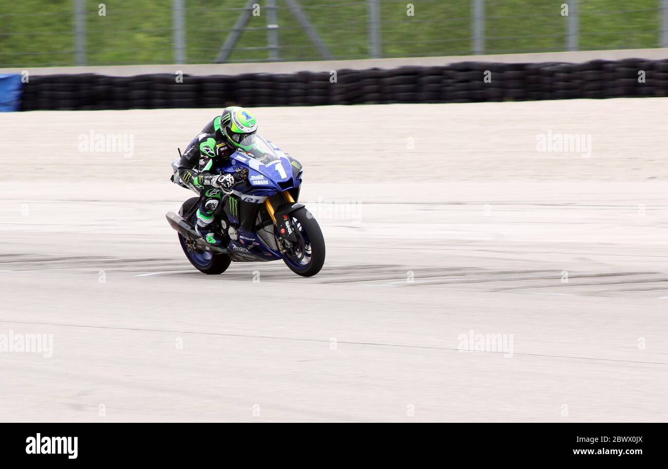 Elkhart Lake Wisconsin, May 2020: Motoamerica Superbikes Race. Cameron Beaubier is an American motorcycle racer. He rides a Yamaha YZF-R1 in the MotoA Stock Photo