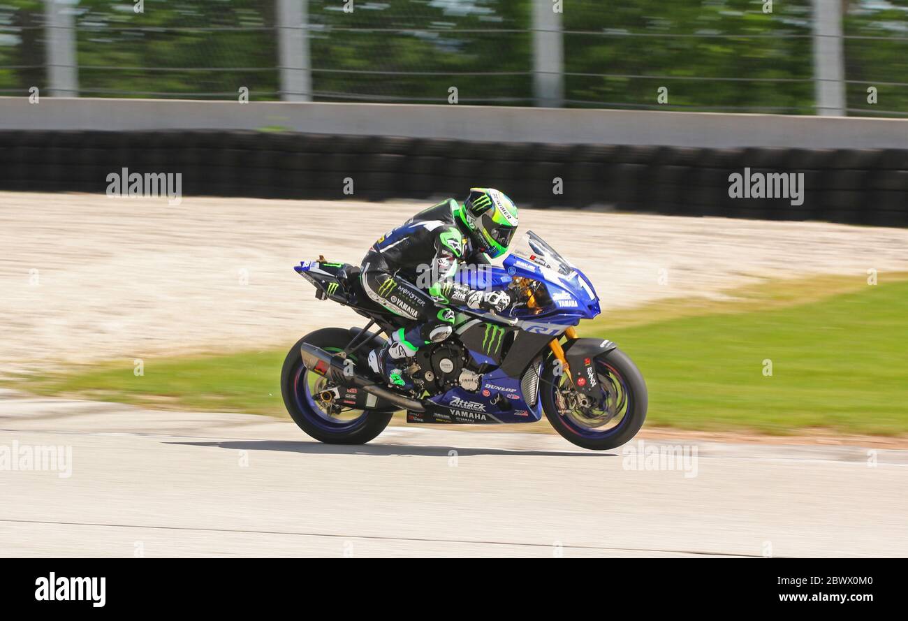 Elkhart Lake Wisconsin, May 2020: Motoamerica Superbikes Race. Cameron Beaubier is an American motorcycle racer. He rides a Yamaha YZF-R1 in the MotoA Stock Photo