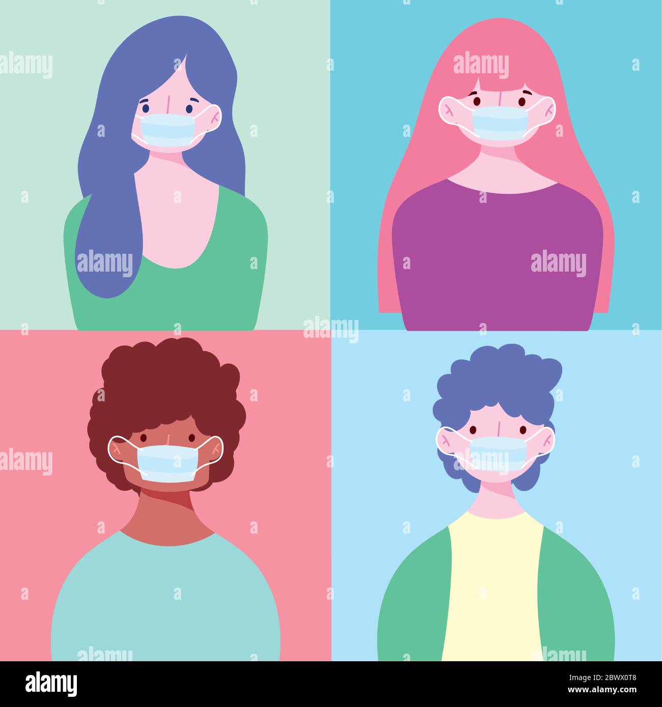 people with medical mask cartoon character, prevention covid 19