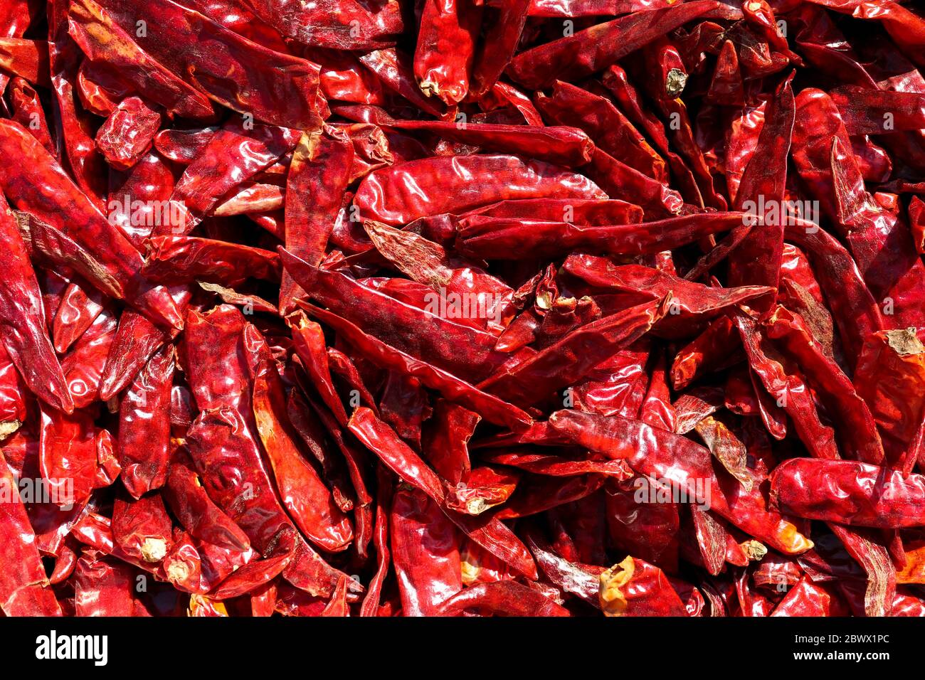 Pile of dried hot red chilies or chilli cayenne pepper. Stock Photo