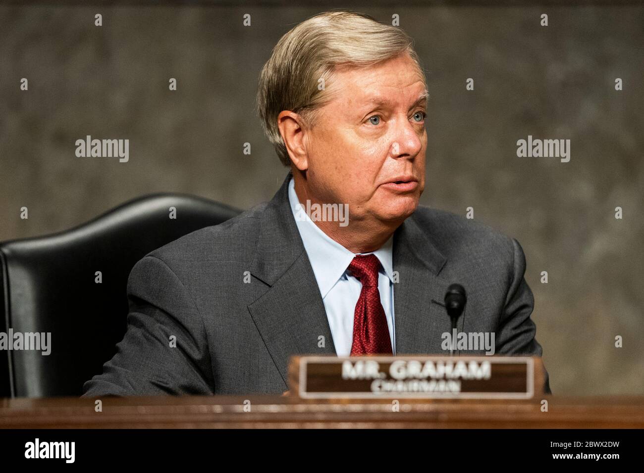 United States Senator Lindsey Graham (Republican of South  Carolina), Chairman, US Senate Judiciary Committee prepares to hear testimony from former deputy attorney general Rod Rosenstein on 'Crossfire Hurricane' the FBI's probe into Russian election interference and the 2016 Trump campaign in the Dirksen Senate Office Building in Washington, DC, USA, 03 June 2020.Credit: Jim LoScalzo / Pool via CNP /MediaPunch Stock Photo