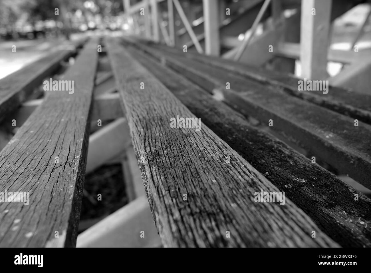 Close up Wood Stadium Seats in Black and White Tone. (Selective Focus) Stock Photo