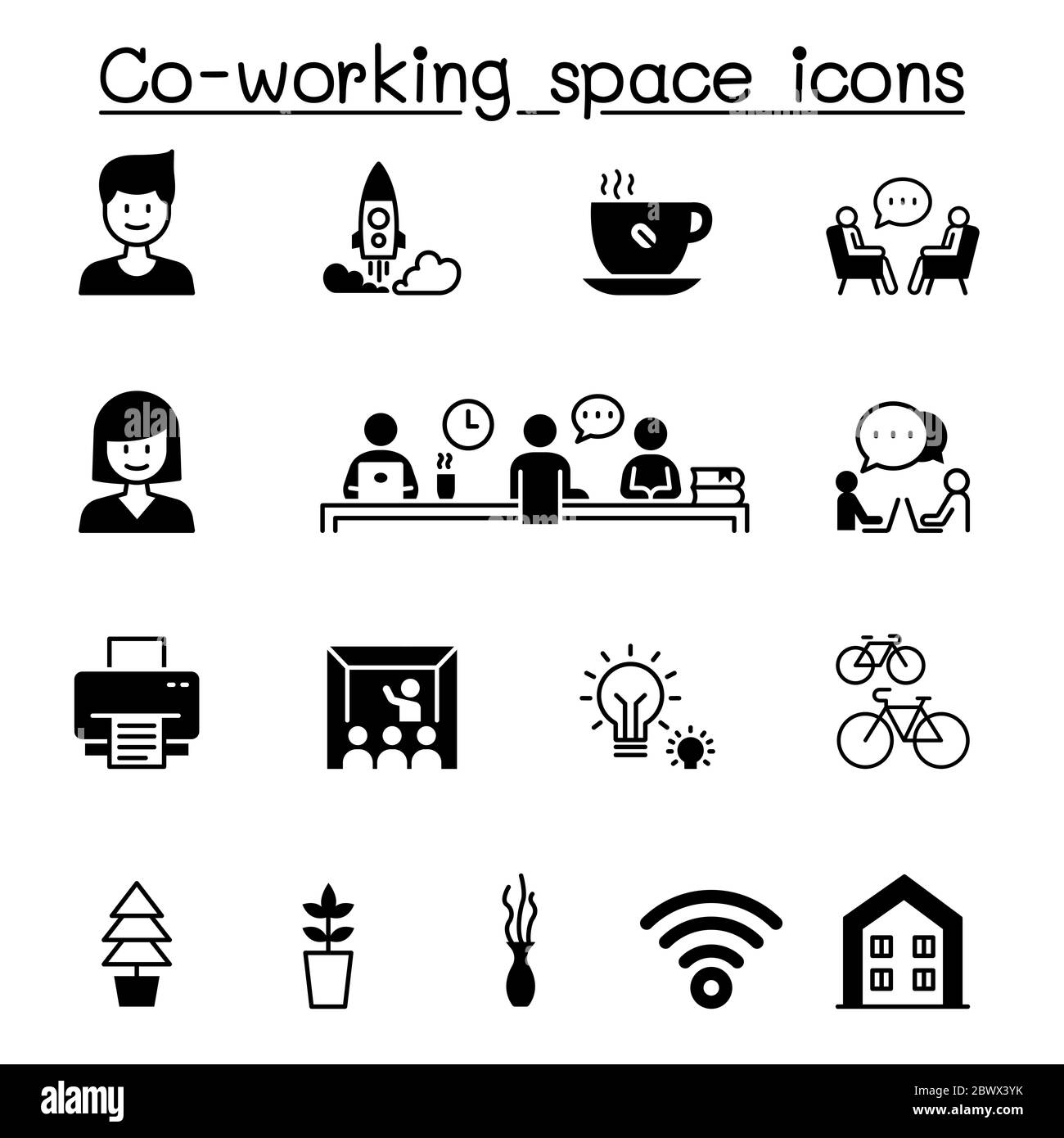 Set of Co-working space & Startup related vector icons. contains such Icons as freelance, bicycle, office, work from home, brainstorm and more. Stock Photo