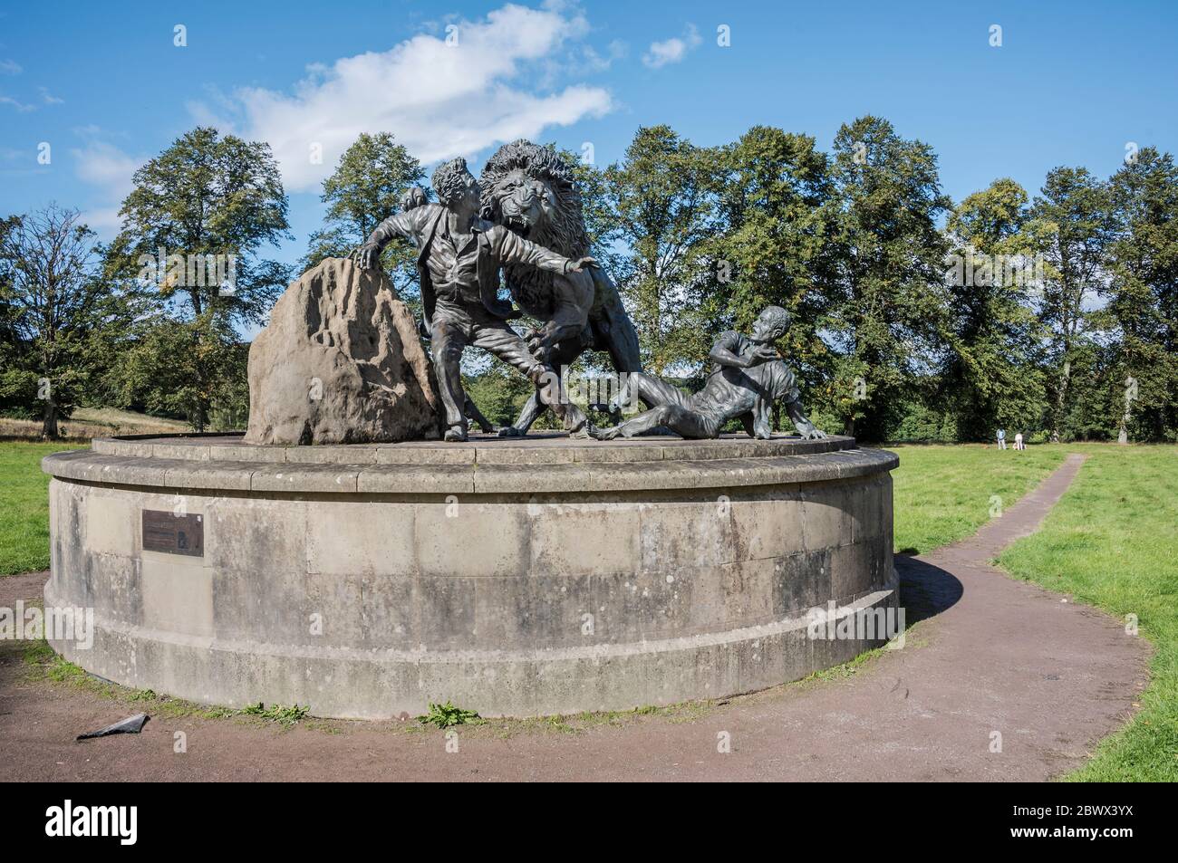 Livingstone and the Lion statue at teh David Livingstone Centre, Blantyre, Scotland Stock Photo