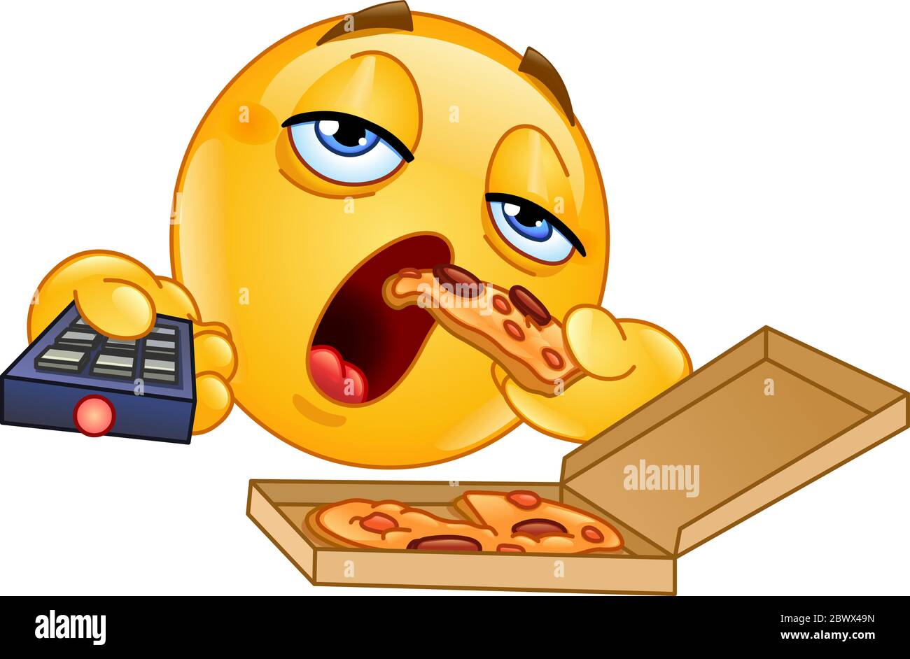 Couch potato slob emoticon watching TV and eating pizza Stock Vector