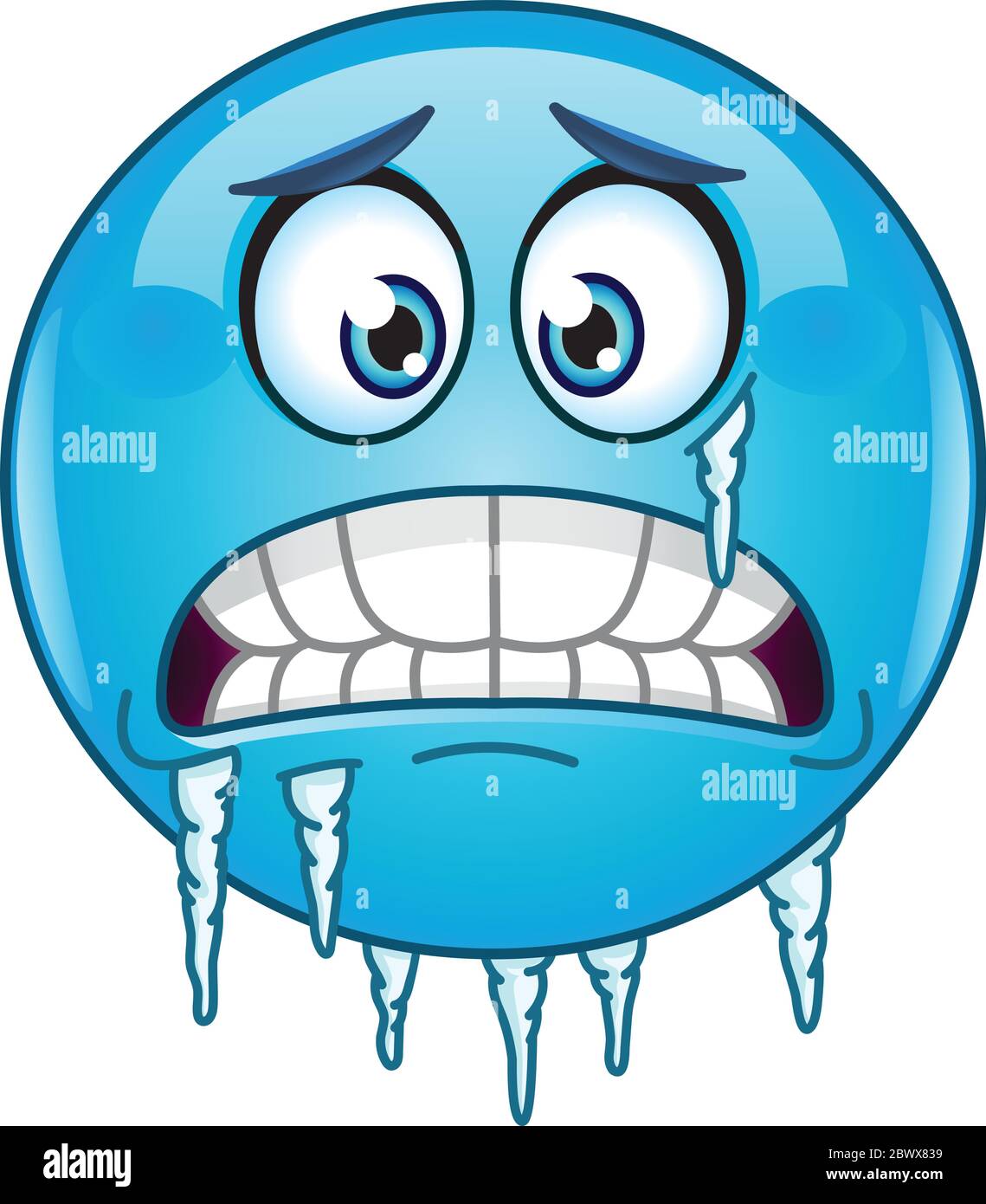 Blue cold freezing face emoticon with icicles clinging to its jaw and cheek Stock Vector