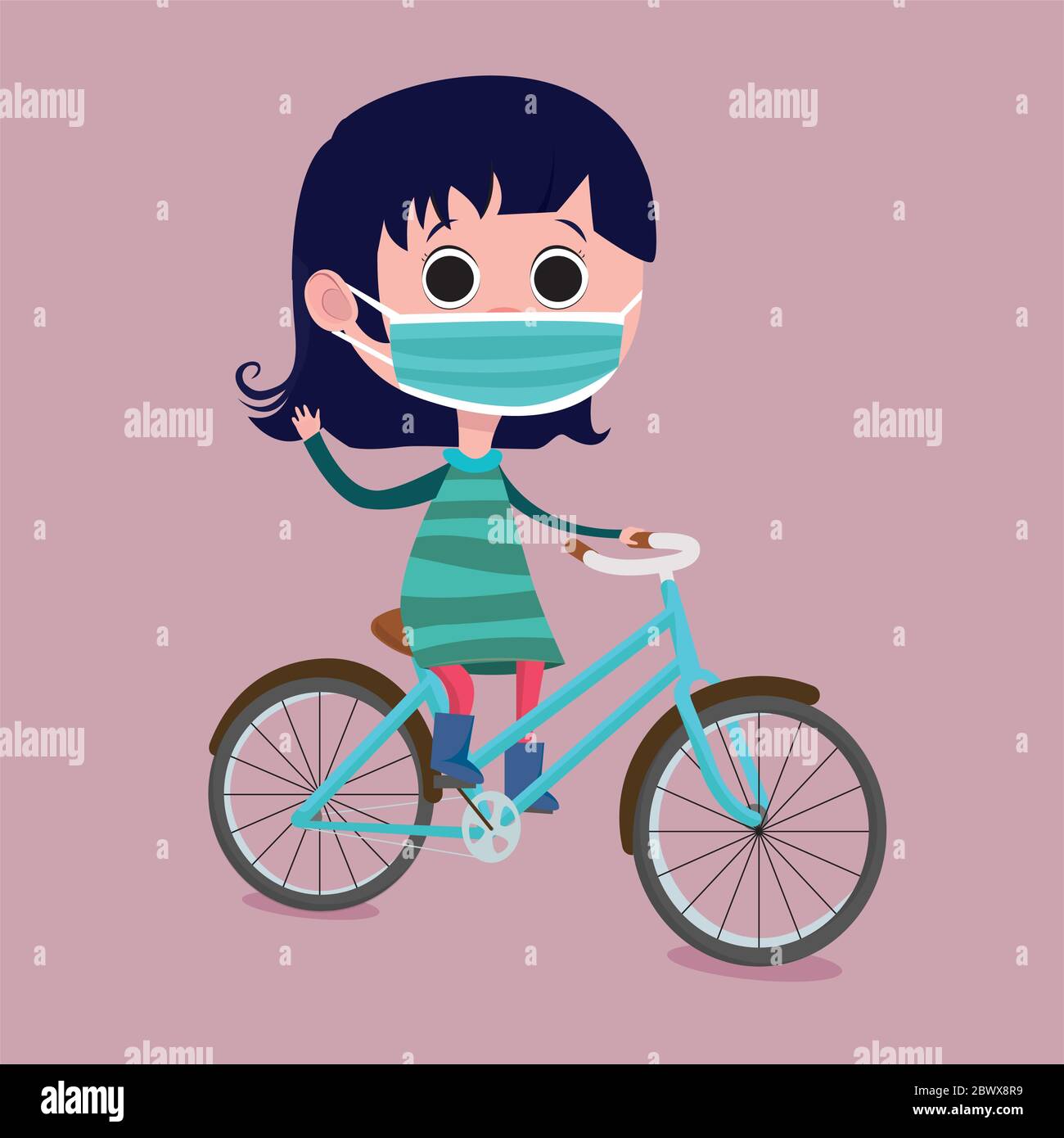 Little girl riding a bike at outdoor with medical protective mask. Activity for kid during the quarantine period. Vector illustration. Stock Vector